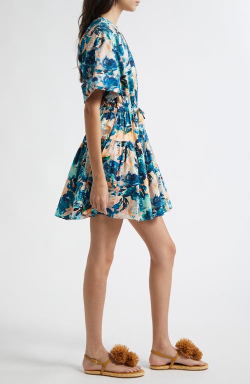 Ulla Johnson Nadira Floral Print Tie Waist Tiered Minidress In Delphinium