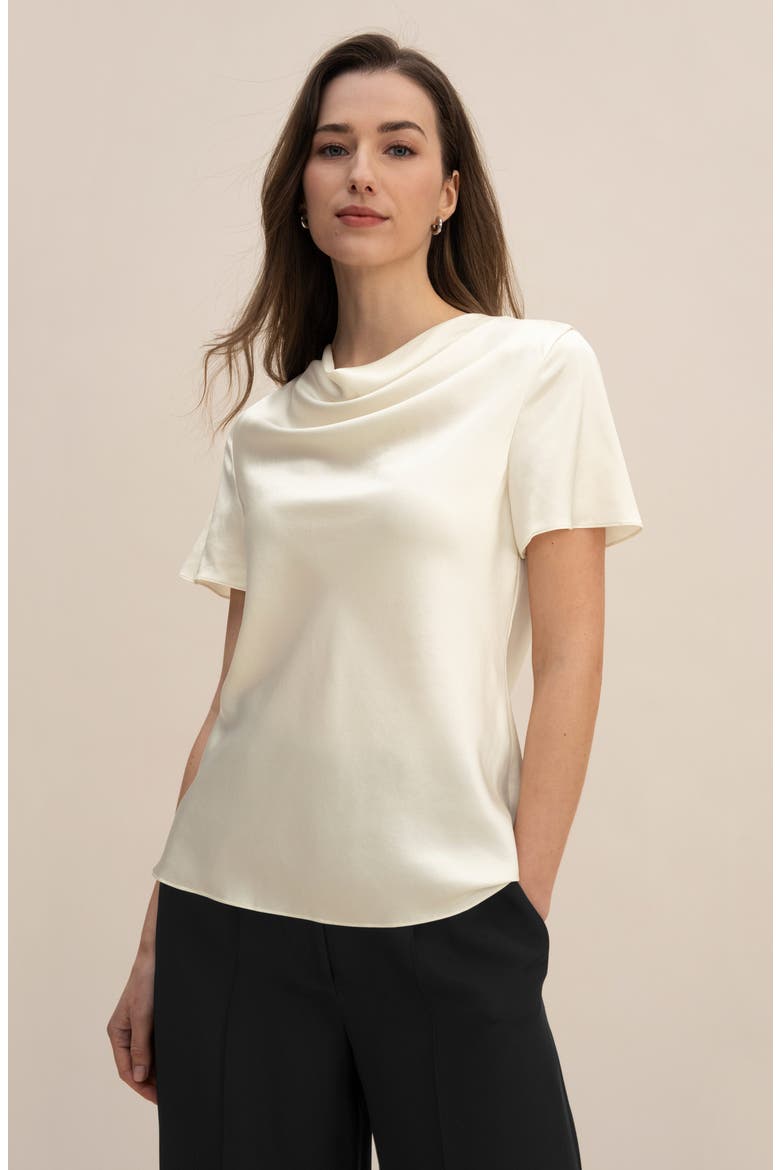 Cowl Neck Short Sleeves Silk Shirt, Alternate, color, Lily white