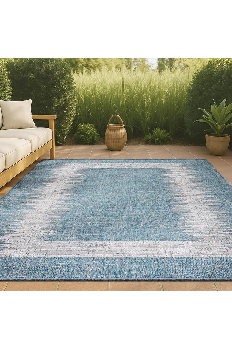Scandi Minimalist Border Indoor/Outdoor Area Rug, Alternate, color, Aqua/Ivory