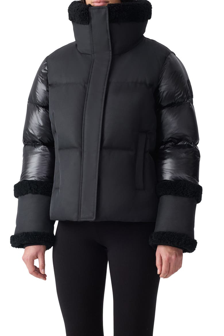 Lydana Down Jacket with Genuine Shearling Trim and Removable Bib, Main, color, BLACK