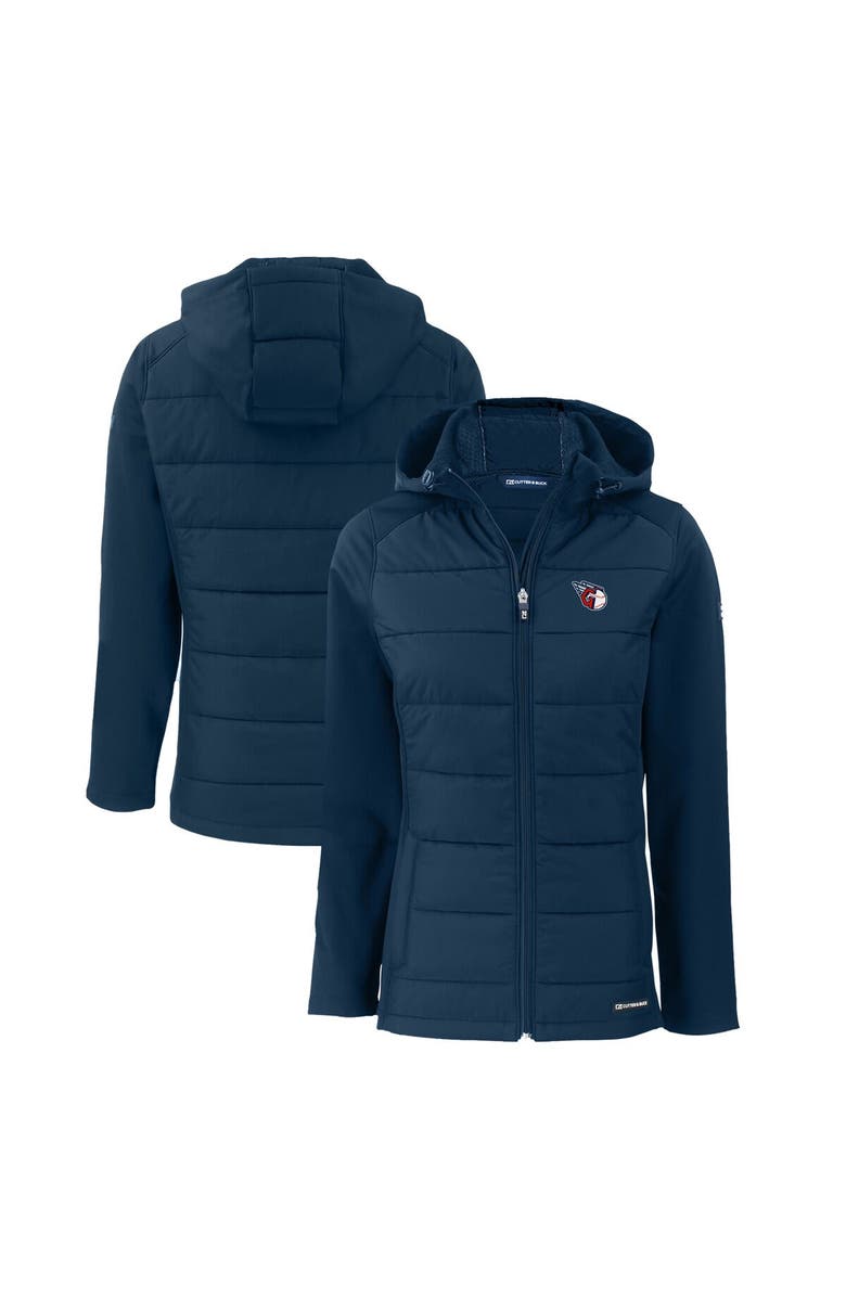 Cutter & Buck Women's Cutter & Buck  Navy Cleveland Guardians Evoke Hybrid Eco Softshell Recycled Full-Zip Hoodie Jacket, Main, color, 