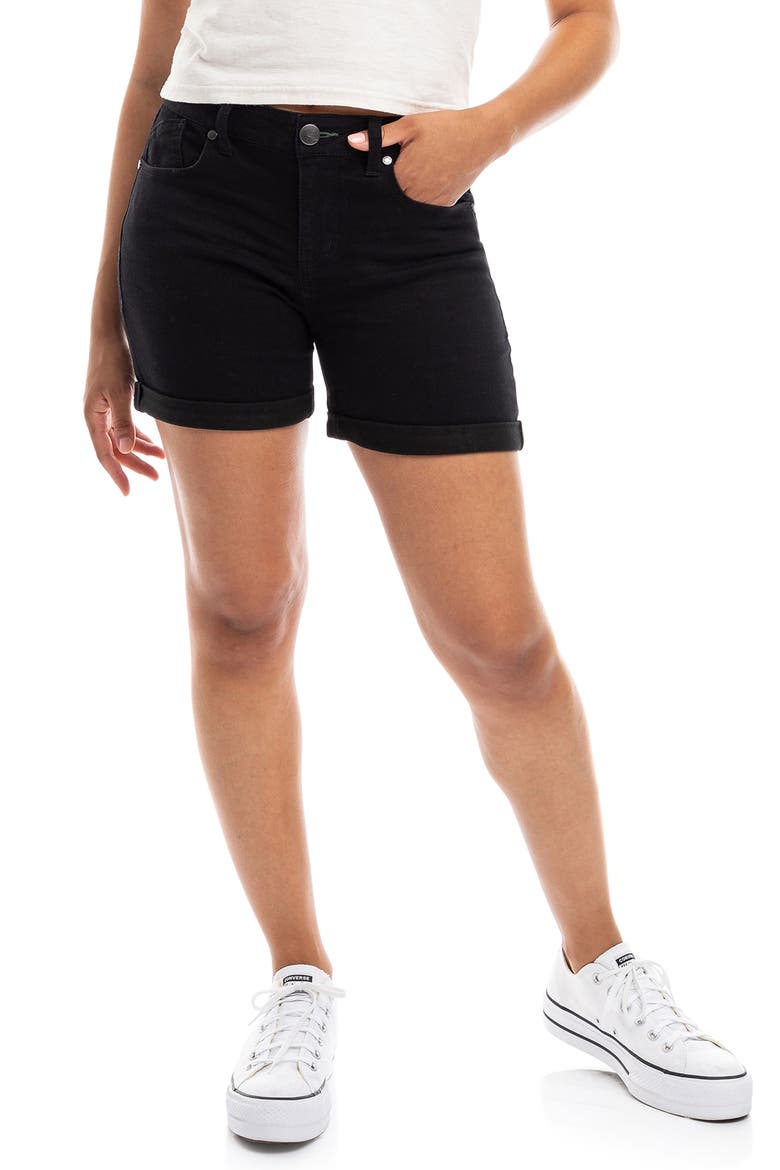 High Waist Cuff Denim Shorts, Main, color, BLACK