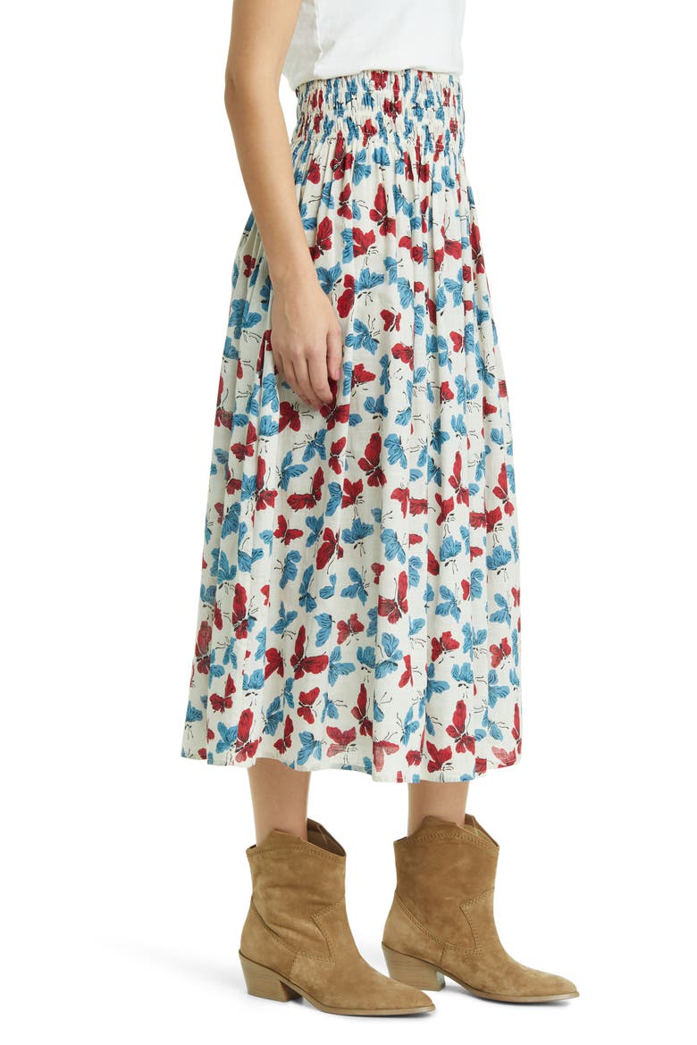 The Viola Butterfly Smocked Waist Cotton Midi Skirt, Alternate, color, BUTTERFLY FLORAL