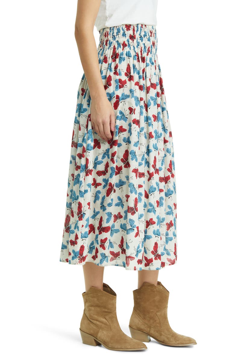 THE GREAT. The Viola Butterfly Smocked Waist Cotton Midi Skirt, Alternate, color,