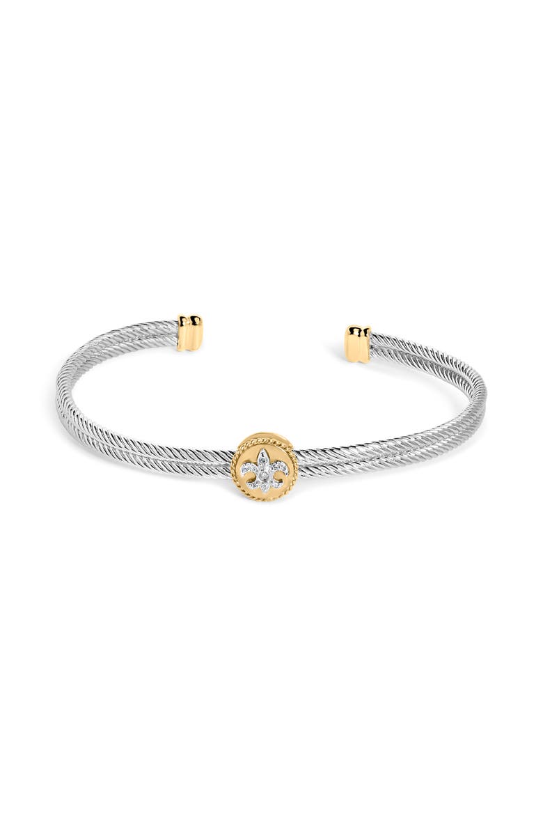 18K Yellow Gold Plated Silver Diamond Accent and Fleur Di Lis Medallion Bangle, Main, color, Yellow