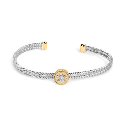 18K Yellow Gold Plated Silver Diamond Accent and Fleur Di Lis Medallion Bangle