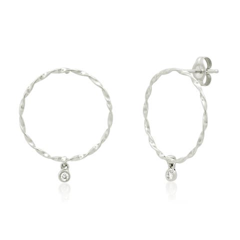 14K Gold Twisted forward facing Hoop earring with Tiny Diamond White Gold