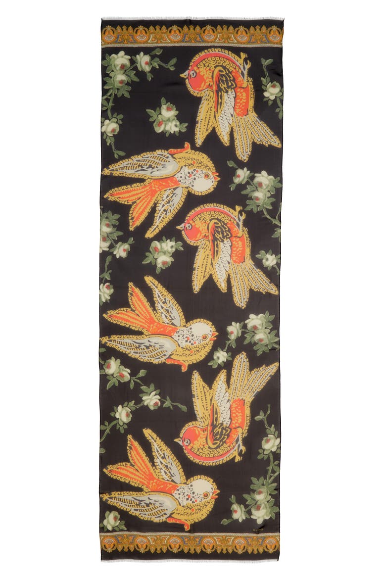 Bird Print Silk Fringe Scarf, Main, color, 0001 BLACK
