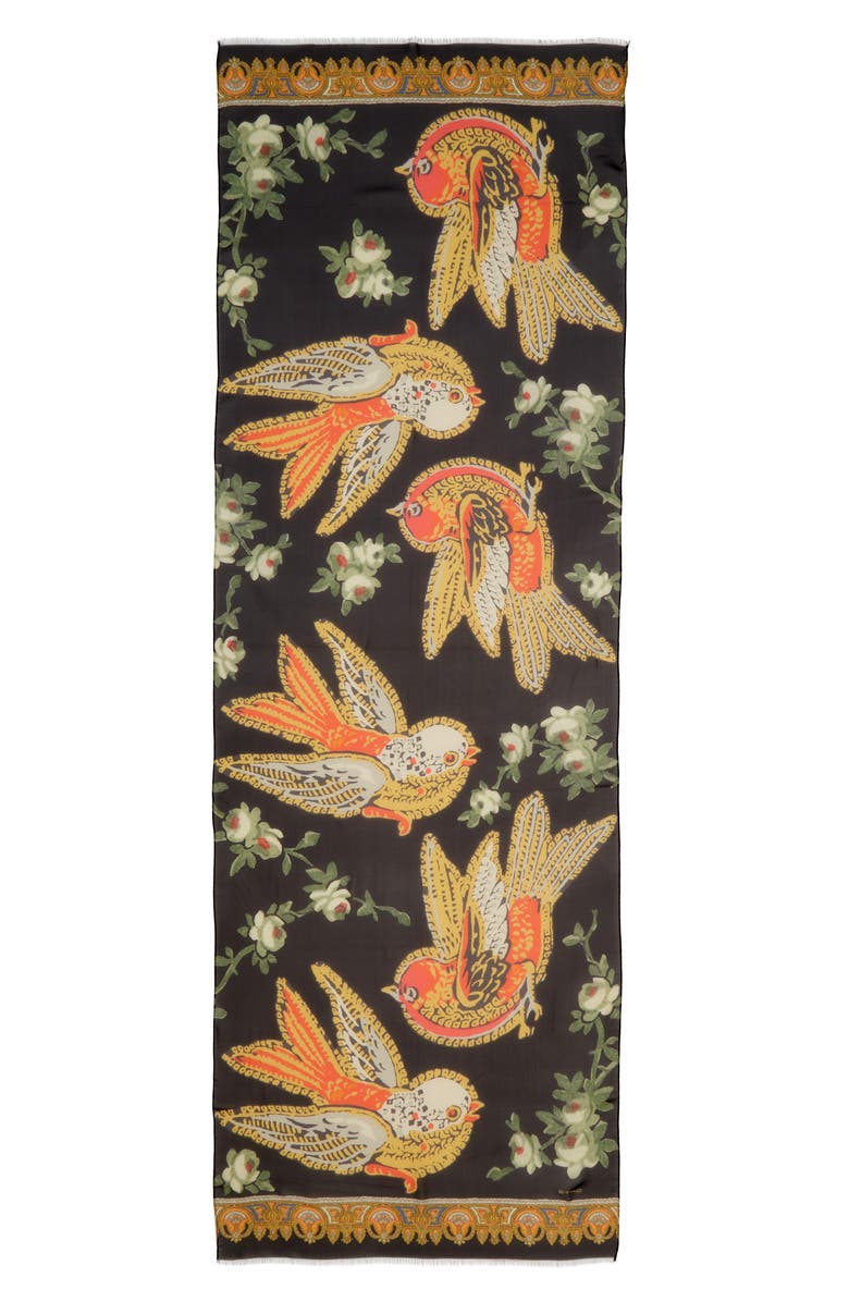 Etro Bird Print Silk Fringe Scarf, Main, color,
