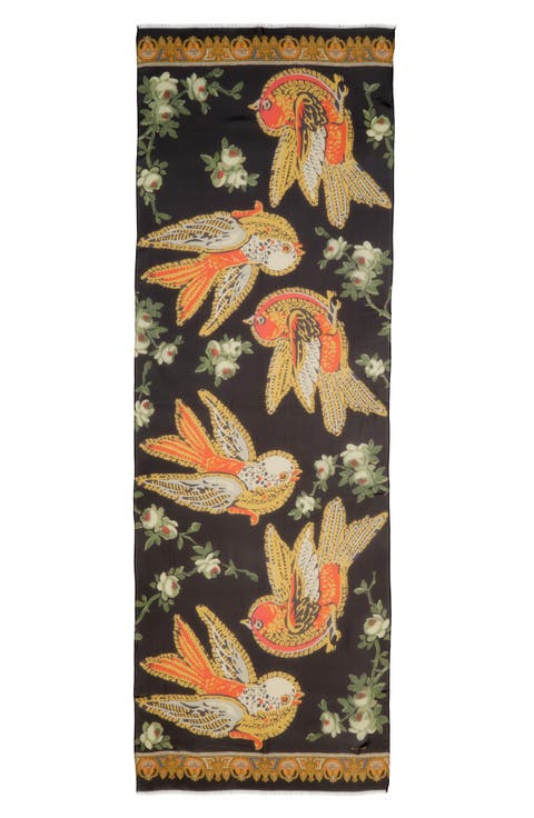 Bird Print Silk Fringe Scarf