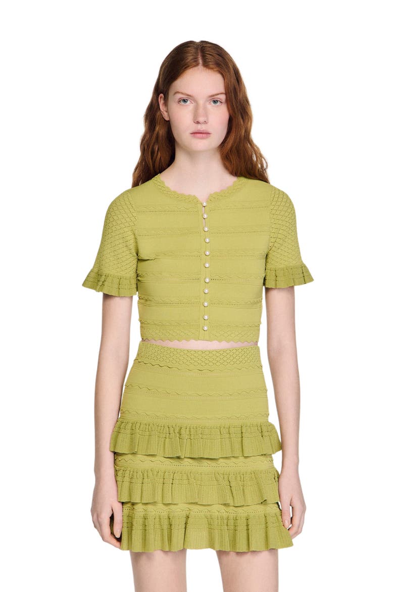 Cropped ruffled-sleeve cardigan, Main, color, Green