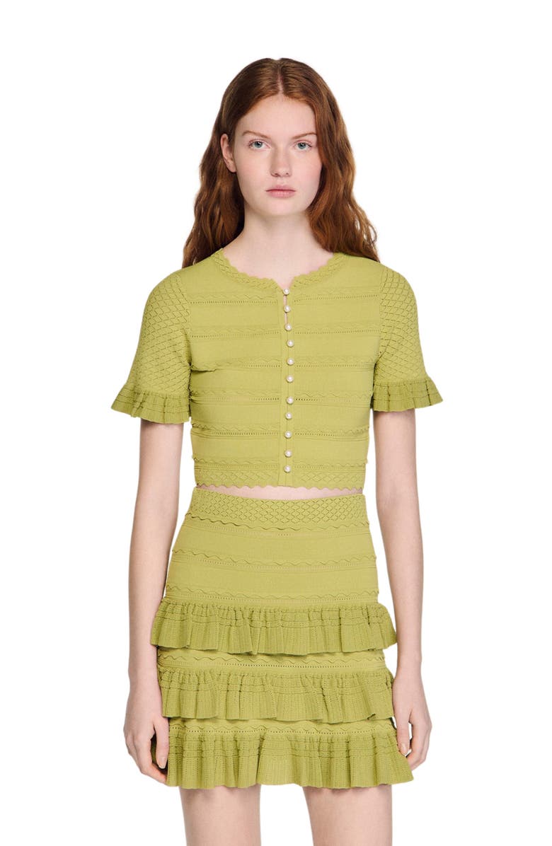 SANDRO Cropped ruffled-sleeve cardigan, Main, color, Green