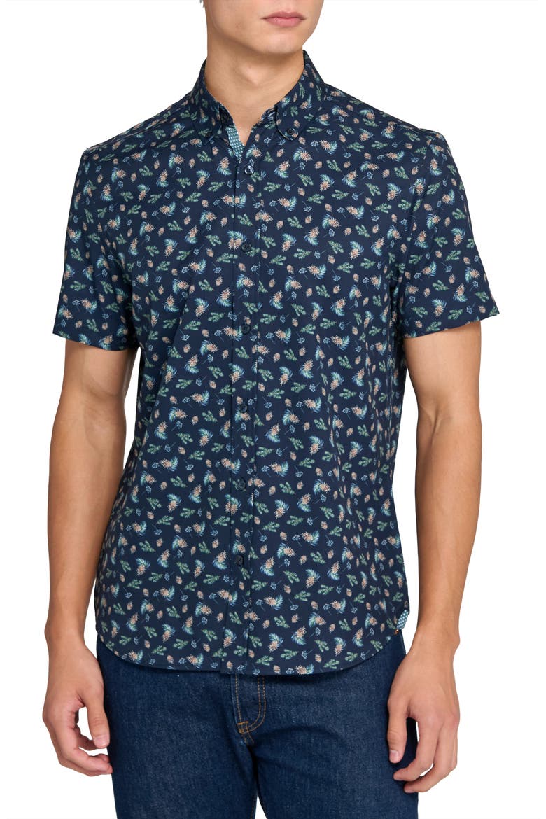 Pine Cone Woven Short Sleeve Basic, Main, color, NAVY/GREEN
