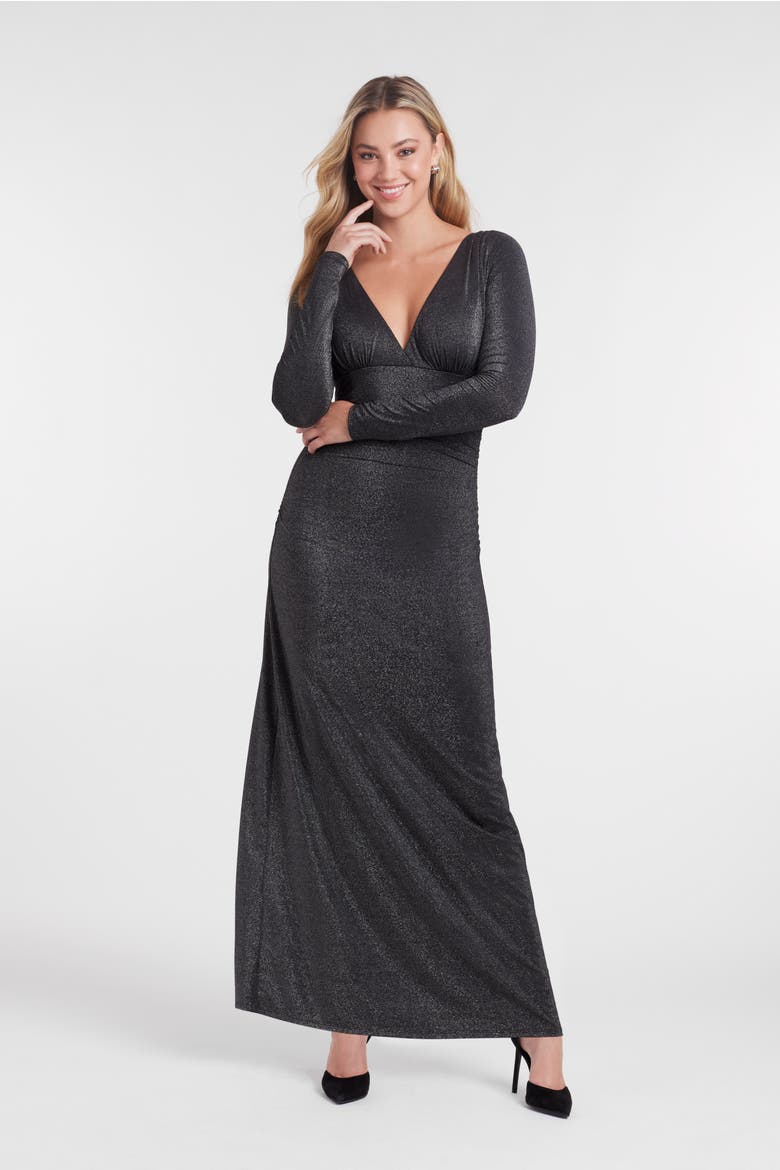 Sculpting Shapewear Shirred V-Neck Long Sleeve Metallic Maxi Dress, Alternate, color, Onyx Black