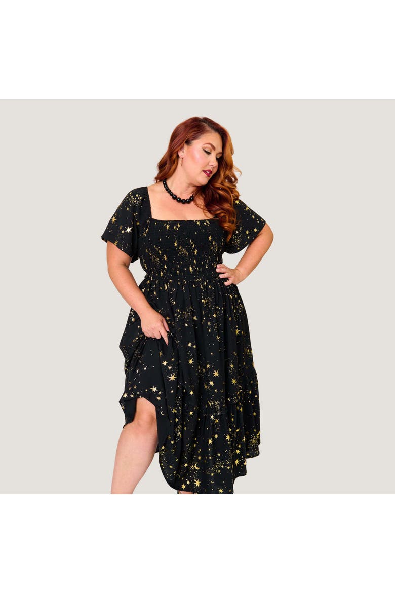 Plus Size Smocked Bodice Midi Dress, Alternate, color, Black w/ Gold Stars