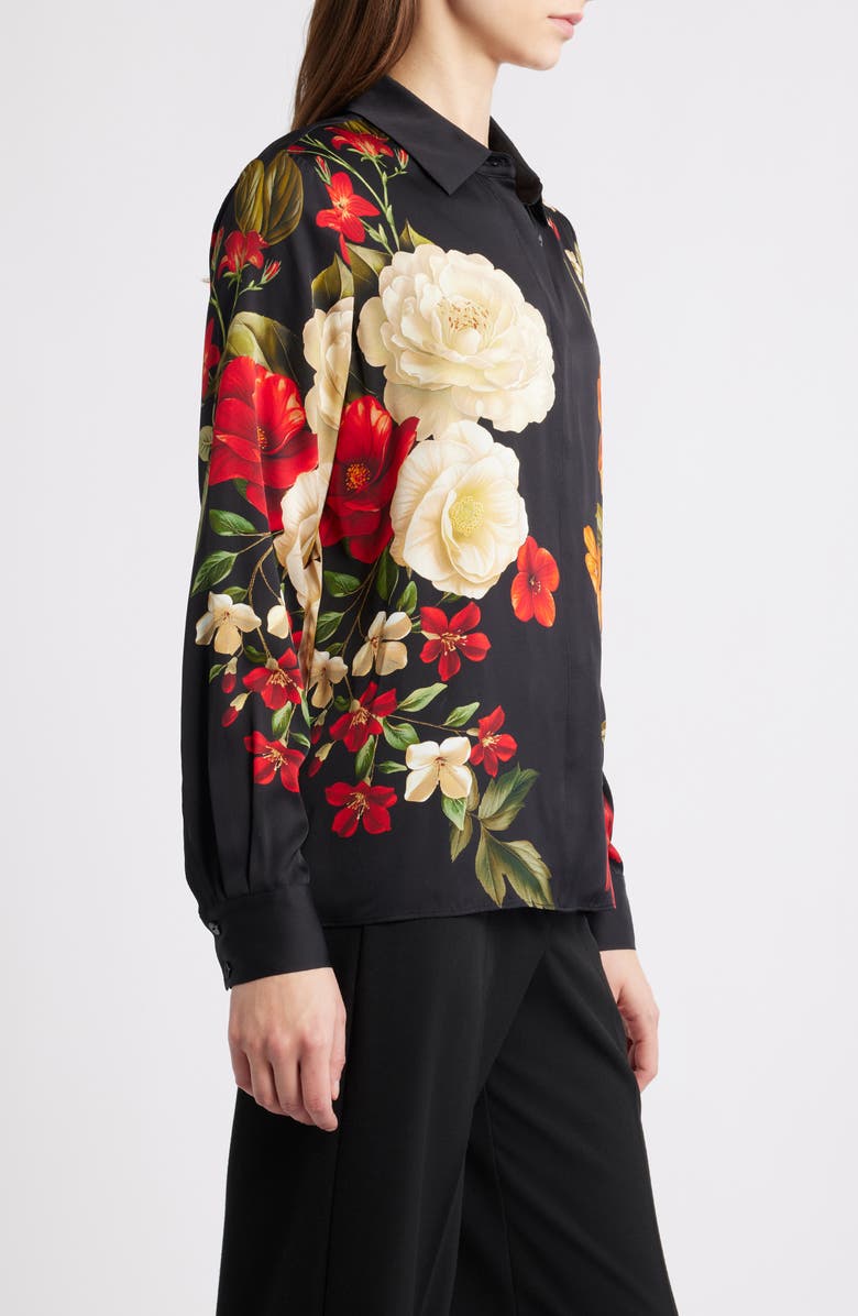 Elie Tahari The Shae Floral Stretch Silk Button-Up Shirt, Alternate, color, Lovestruck Black