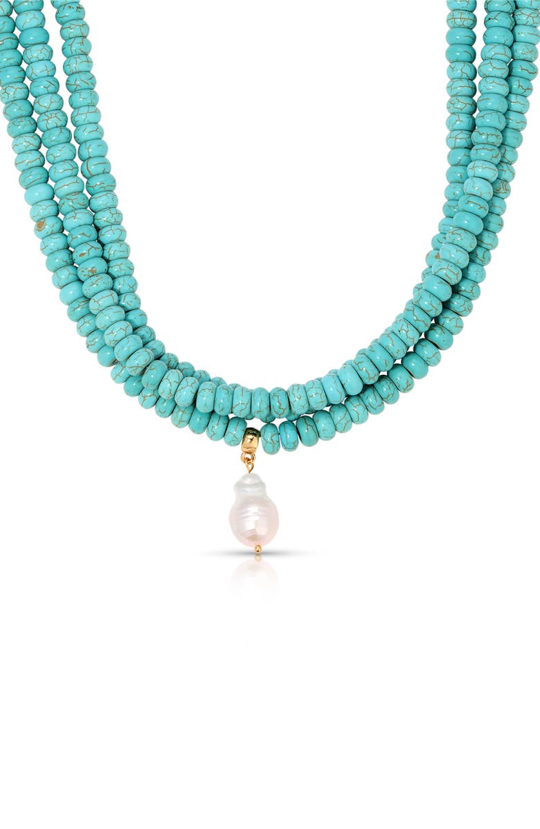 Ettika Triple Strand Turquoise & Freshwater Pearl Pendant Necklace, Alternate, color, 