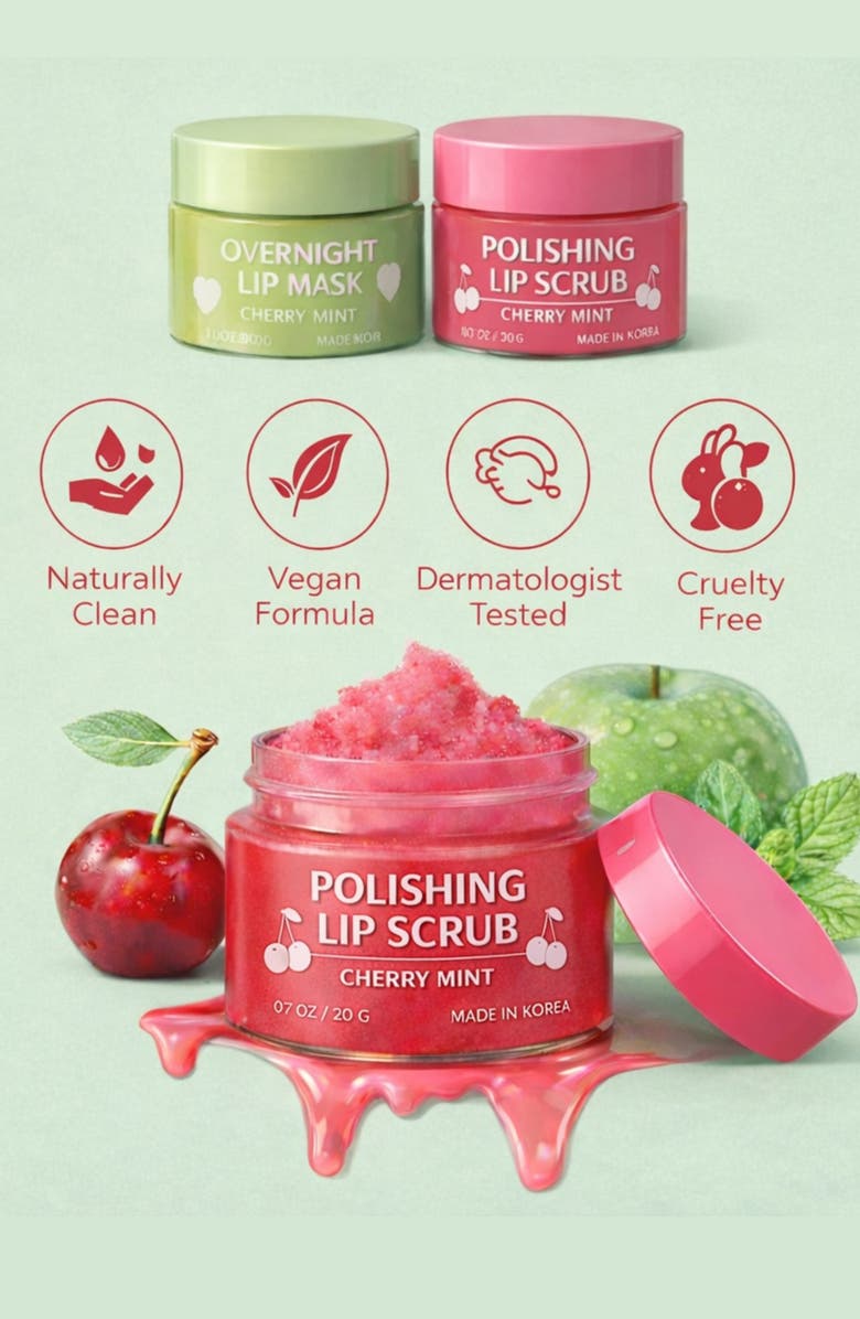 Lovery Korean Lip Care Duo Set - Cherry Mint Exfoliating Lip Scrub & Apple and Pear Overnight Lip Mask, Alternate, color, Red And Green