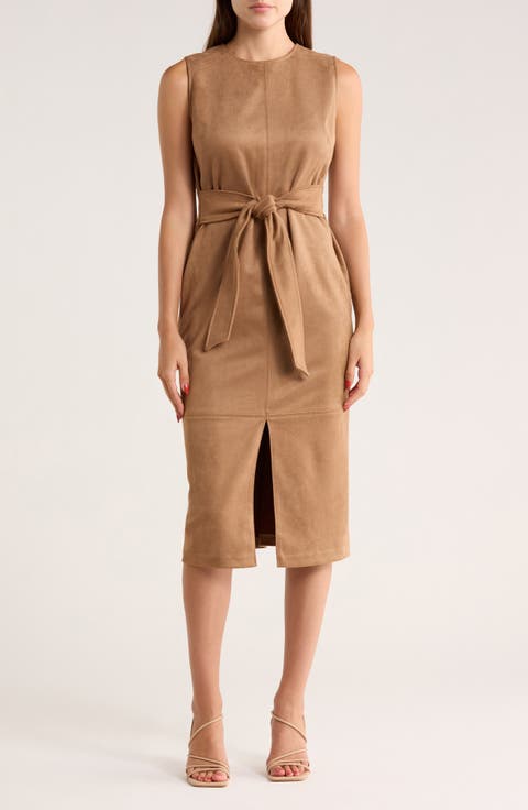 Belted Faux Suede Midi Sheath Dress