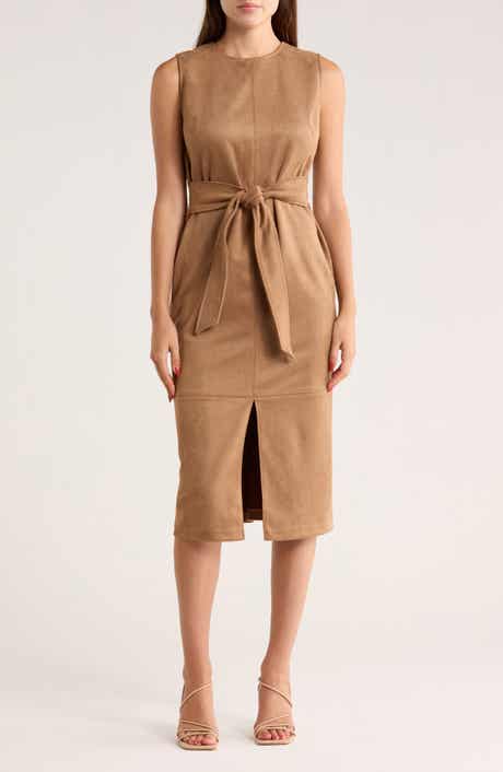 Calvin Klein Belted Faux Suede Midi Sheath Dress
