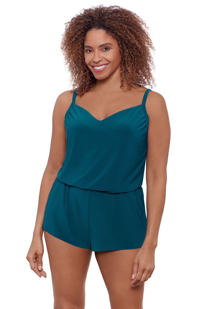 V-Neck Blouson Slimming Swimsuit Romper with Pockets, Main, color, Lagoon