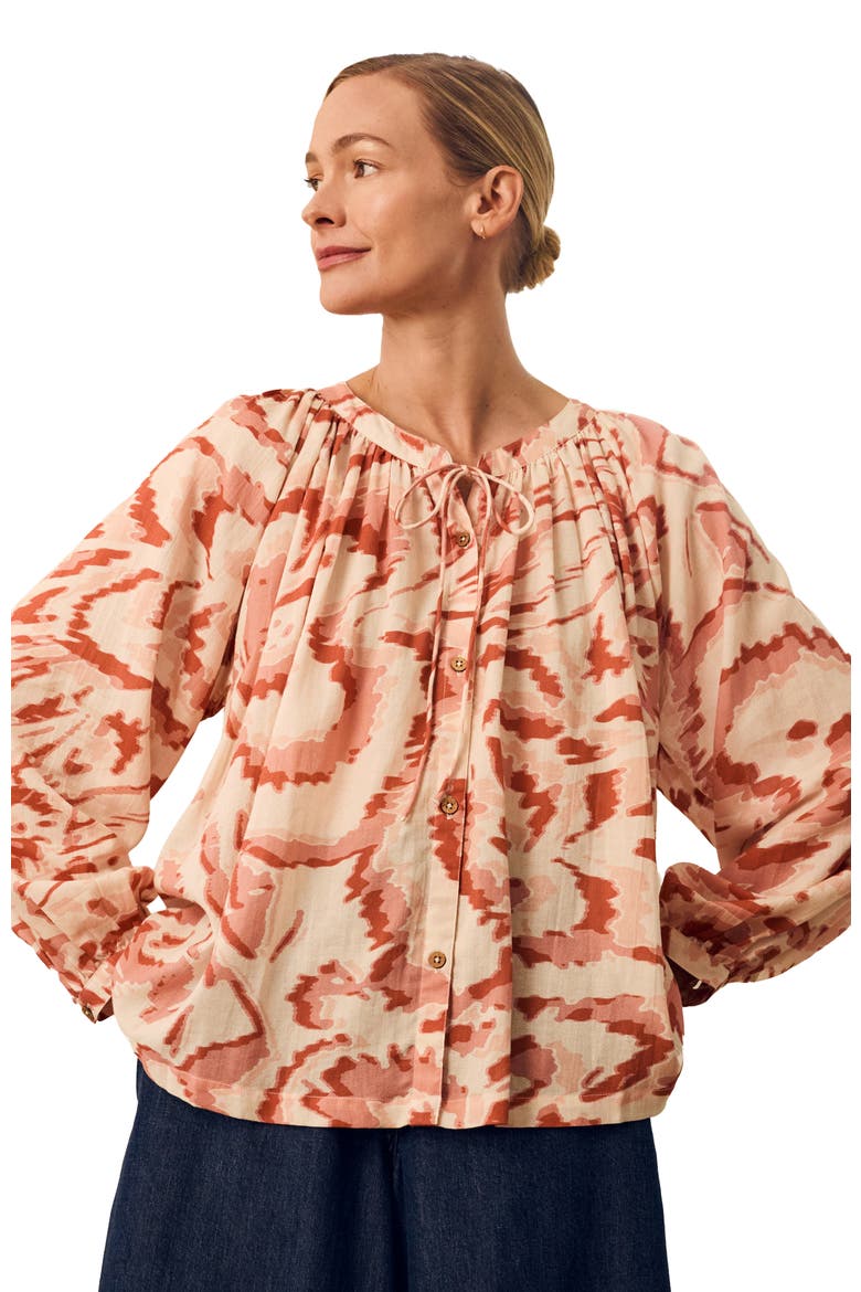 Long Sleeve Tie Neck Swing Shirt, Alternate, color, Ecru Blurred Floral