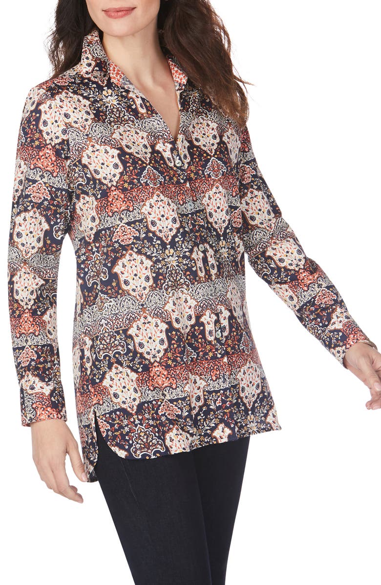 Foxcroft Jade Mixed Medallion Wrinkle-Free Sateen Tunic Shirt, Main, color,