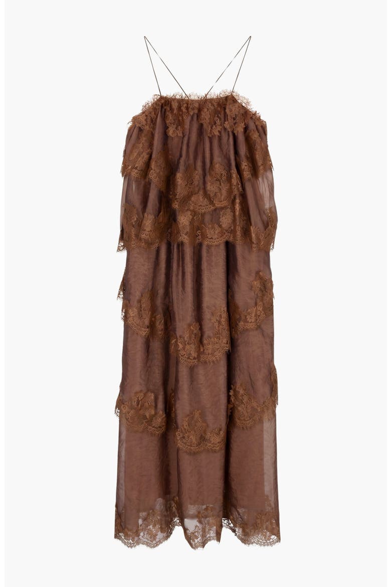 Sleeveless Lace Tiered Leaf Edge Hem Maxi Dress, Alternate, color, Brown