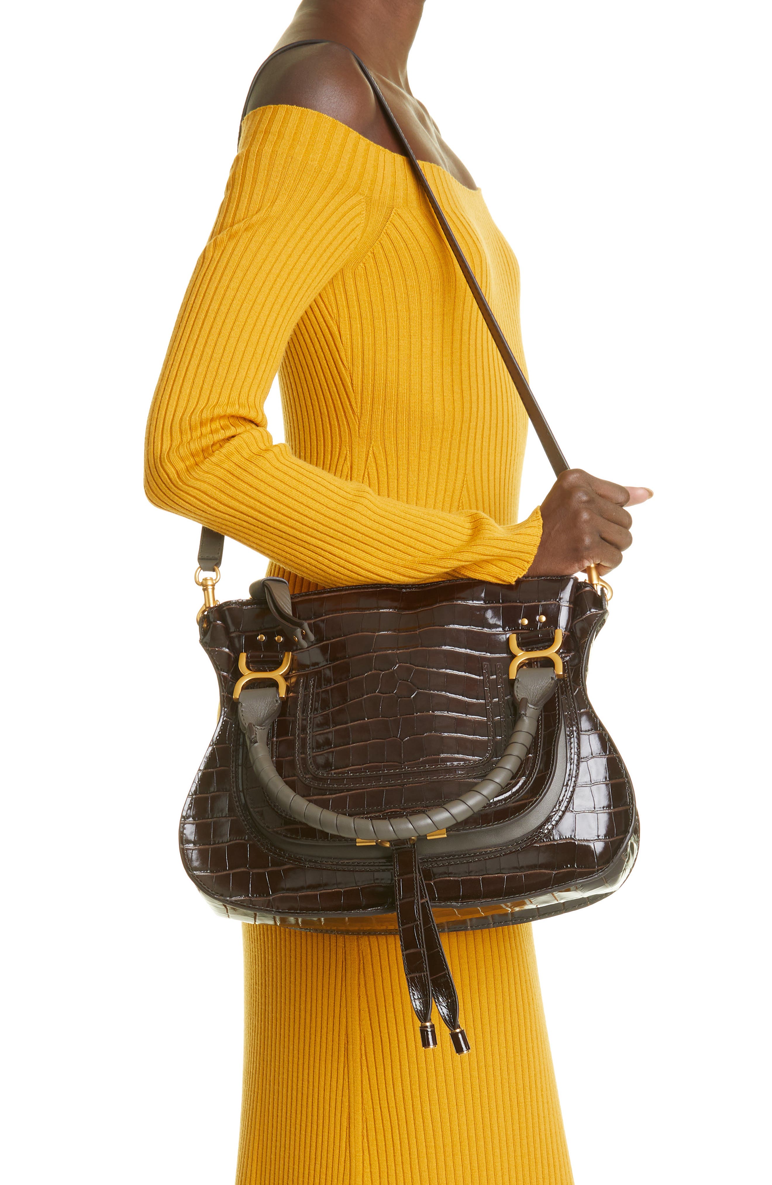 Chloé Medium Marcie Croc-Embossed Leather Top Handle Bag, Alternate, color, 