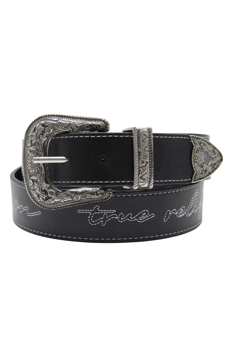 True Religion Giddy Up Western Buckle Belt, Main, color, Black