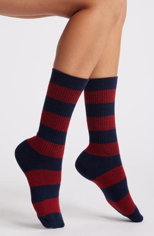 American Trench Supermerino Rugby Stripe Wool Blend Crew Socks in Navy/Red 