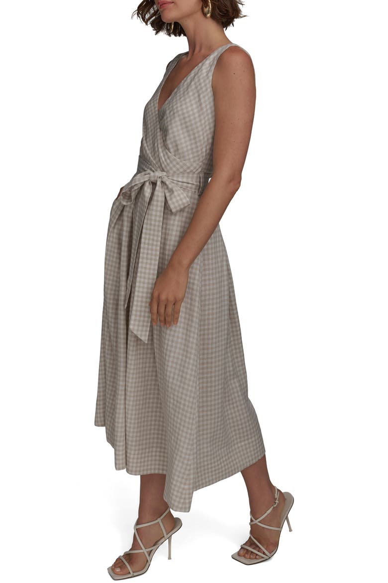 Gingham Linen Blend Faux-Wrap Midi Dress, Alternate, color, TUSCAN GREY
