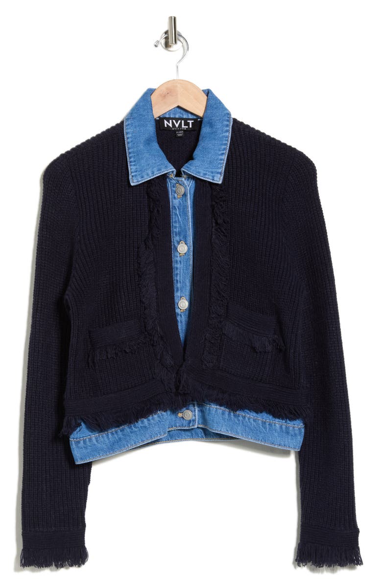 NVLT Denim Collar Cardigan, Alternate, color, Navy
