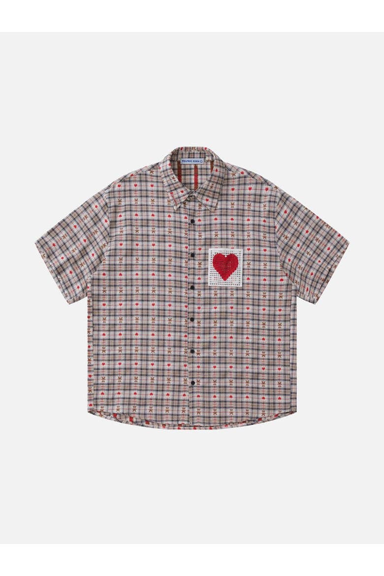 Crochet Heart Pocket Plaid Shirt, Main, color, Red