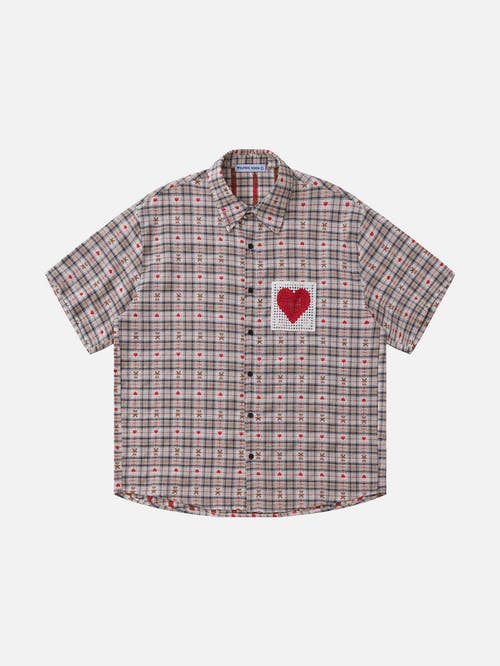 AELFRIC EDEN Crochet Heart Pocket Plaid Shirt in Red at Nordstrom, Size Small Short