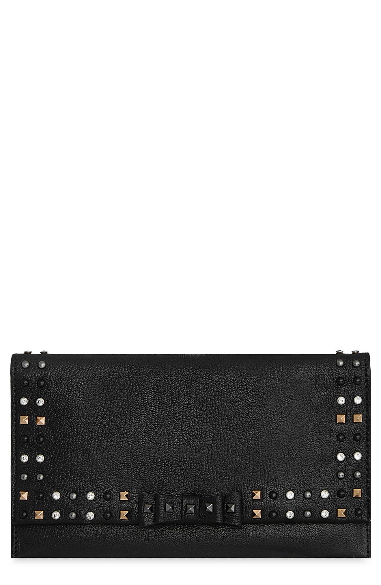 Rebecca Minkoff Bowie Stud Leather Clutch, Main, color, Washed Black