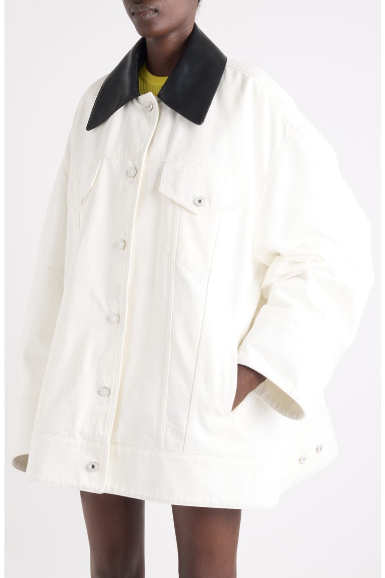 Oversize Denim Trucker Jacket with Leather Collar, Alternate, color, OFF WHITE