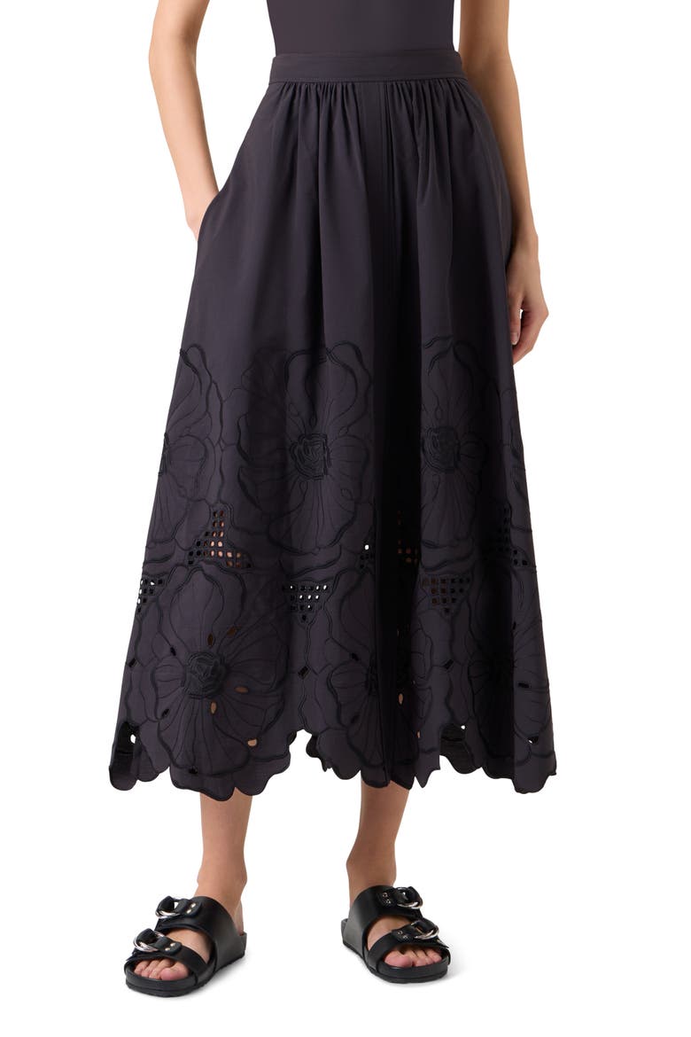 Flower Eyelet Cotton Poplin Midi Skirt, Main, color, BLACK