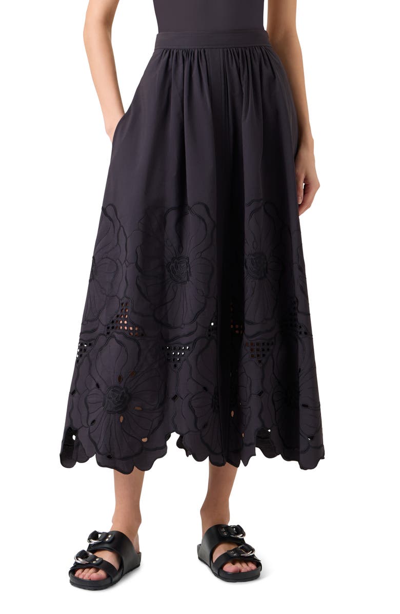 Akris punto Flower Eyelet Cotton Poplin Midi Skirt, Main, color, Black