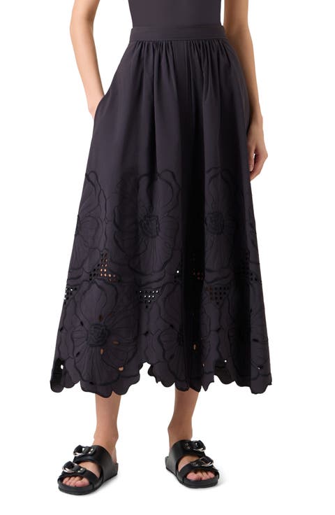 Flower Eyelet Cotton Poplin Midi Skirt