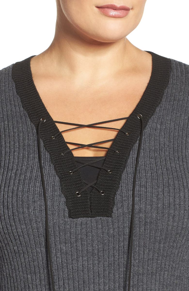 Tart Amity Merino Wool Lace-Up Sweater, Alternate, color, Shark/ Black