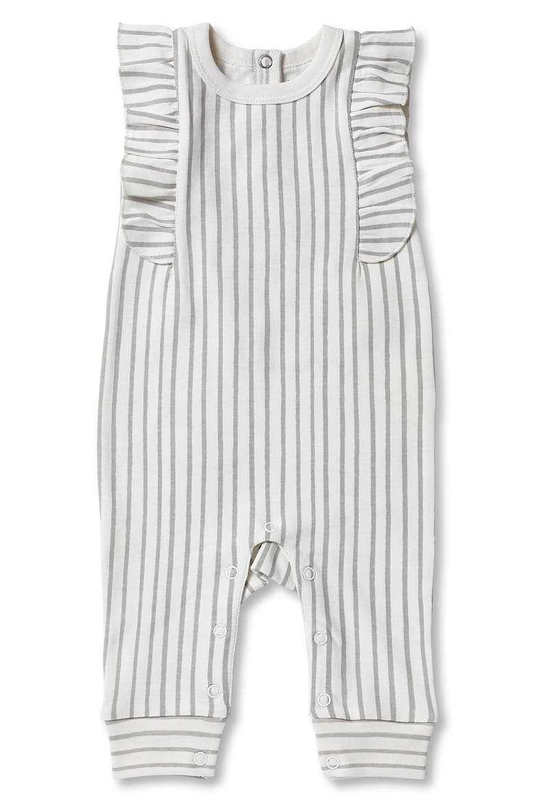 Stripes Away Ruffle Romper, Main, color, PEBBLE