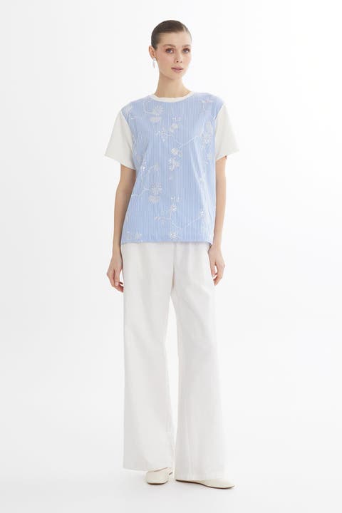 Blue Sequin Embroidered T-Shirt