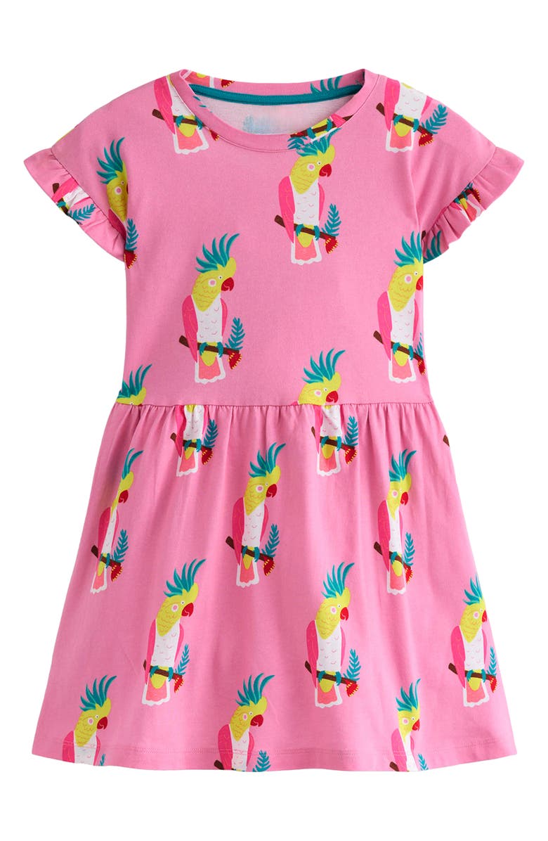 Mini Boden Kids' Printed Cotton Jersey T-Shirt Dress, Main, color, Flamingo Pink Tropical Bird
