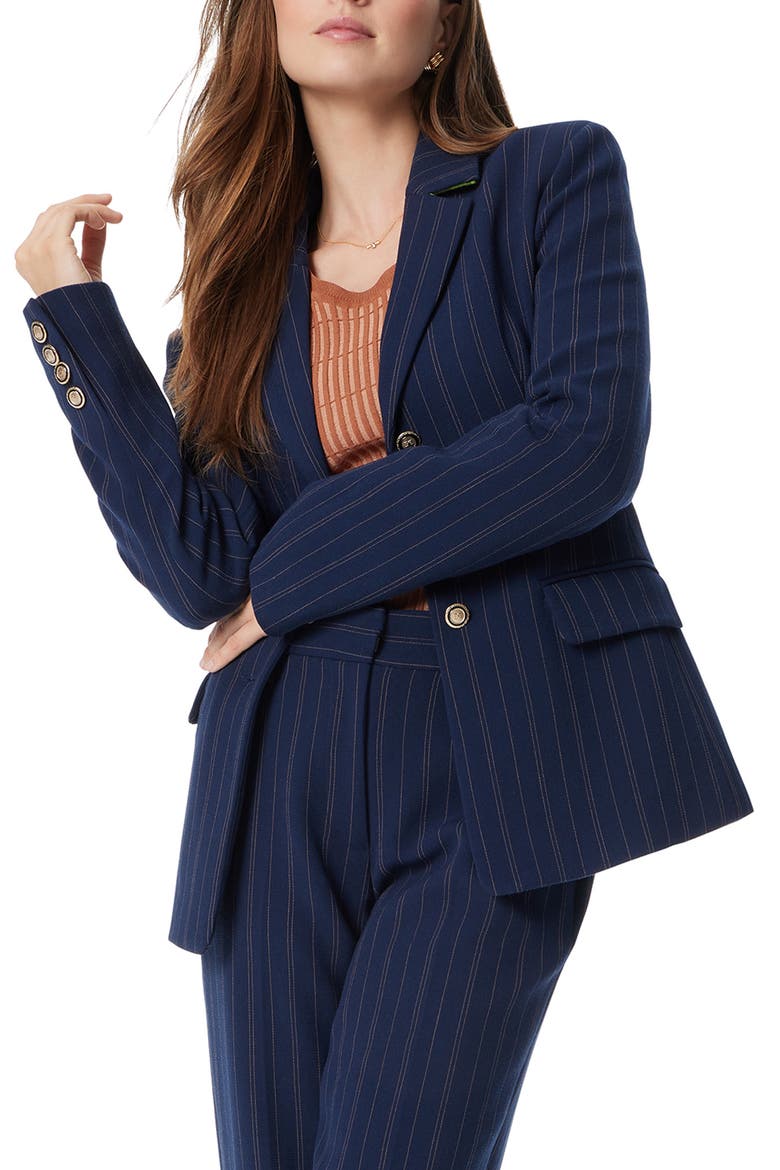 Aliya Pinstripe Cinch Waist Blazer, Main, color, NAVY STAGGERED STRIPE