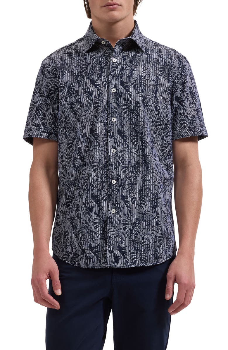 Bugatchi Miles OoohCotton<sup>®</sup> Palm Leaf Print Short Sleeve Button-Up Shirt, Main, color, Navy