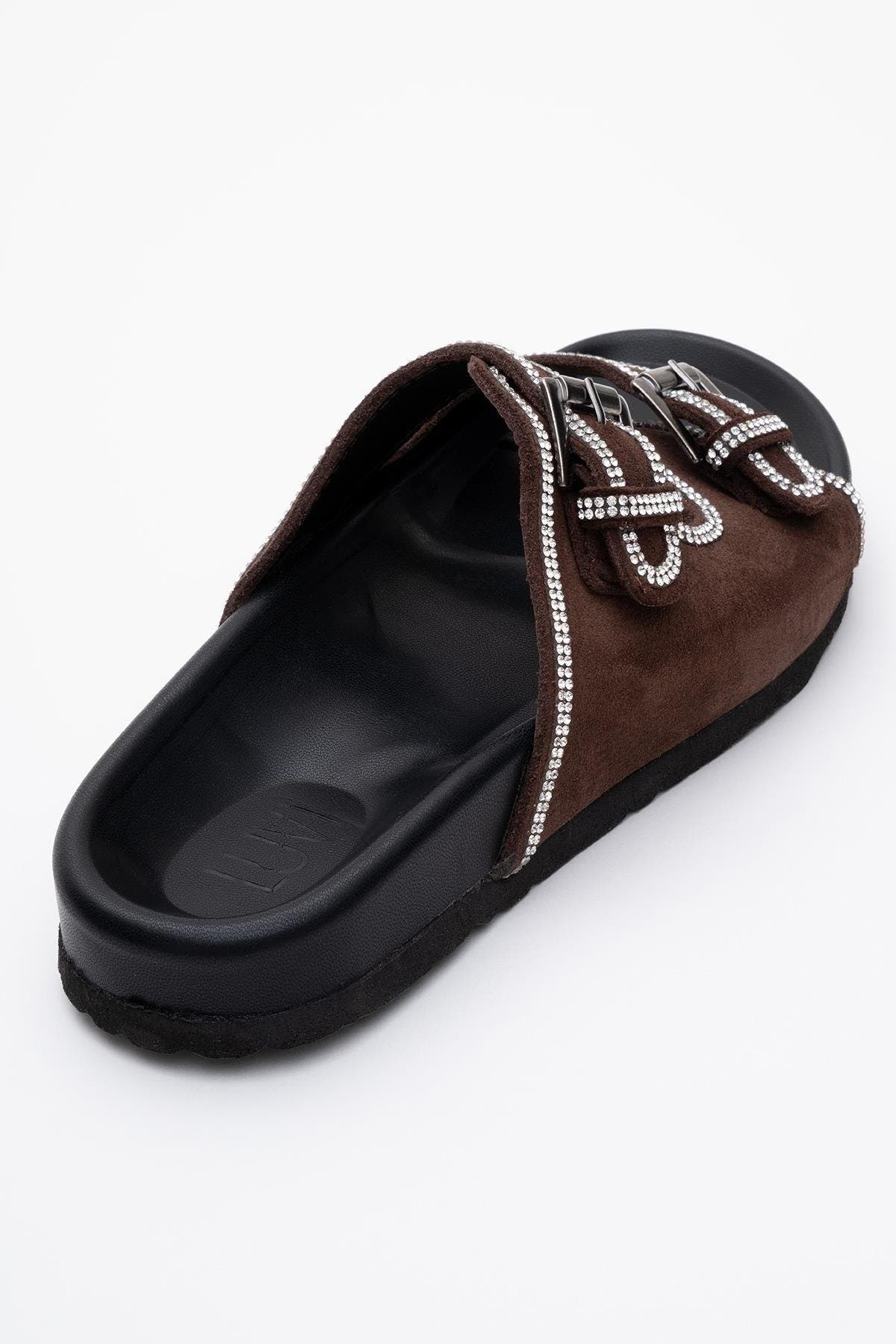 Allen Rhinestone Leather Slide Sandal, Alternate, color, Brown Suede Leather