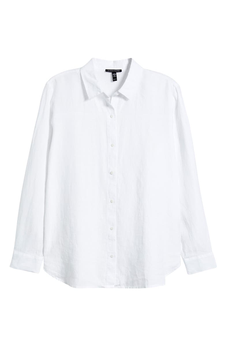 Eileen Fisher Classic Collar Organic Linen Long Button-Up Shirt, Alternate, color, White