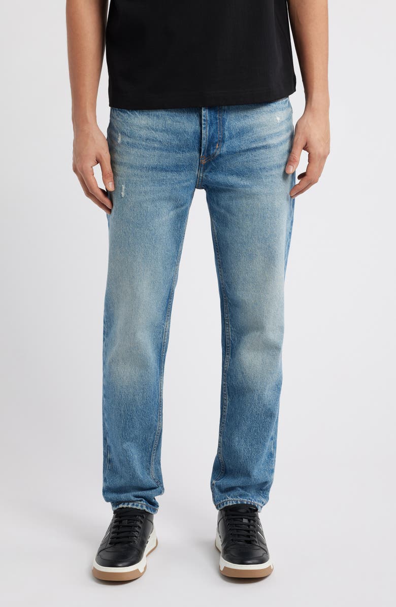 HUGO Distressed Tapered Leg Jeans, Main, color, Medium Blue