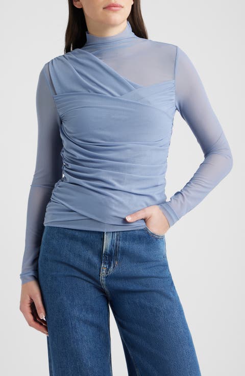 Etualh Ruched Mesh Turtleneck Top